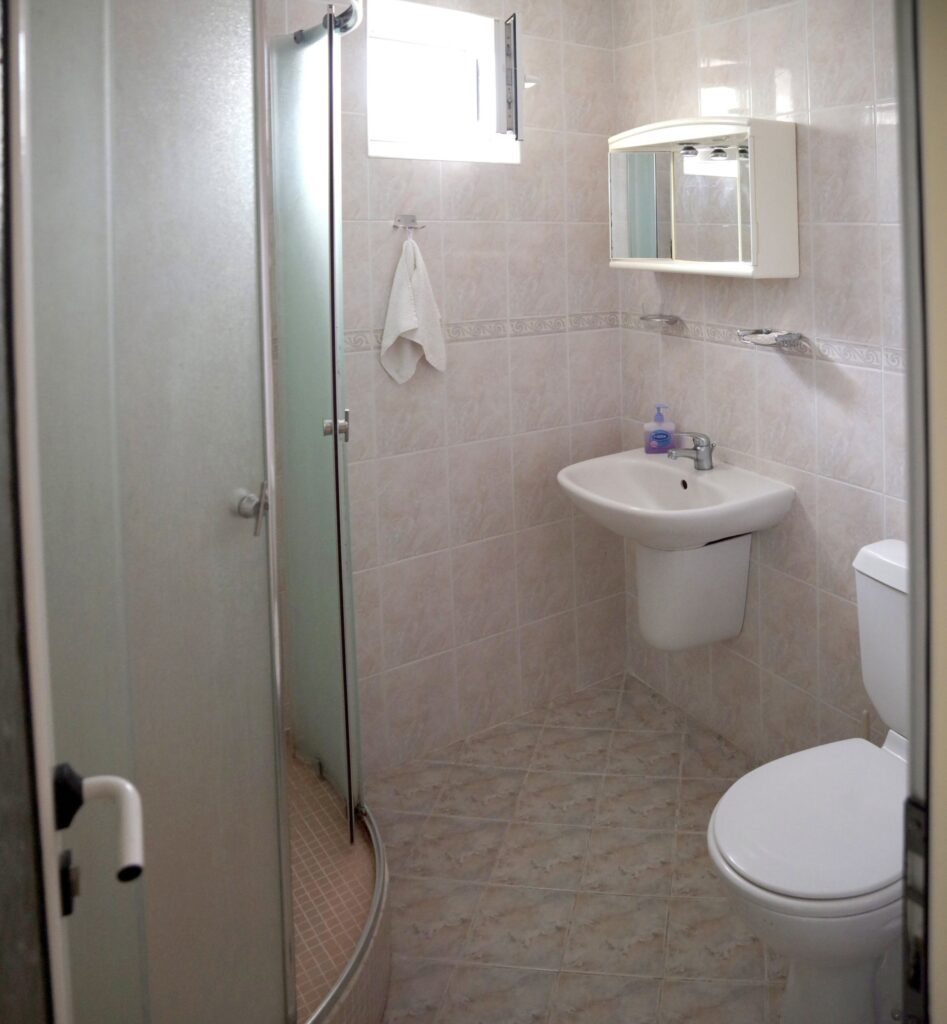 Bathroom 1 in Apartment 1 with a shower cabin, sink, toilet and a toiletries cabinet.