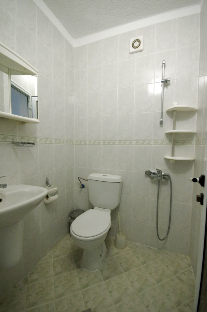Bathroom 2 in Apartment 2 with a shower, sink, toilet and a toiletries cabinet.